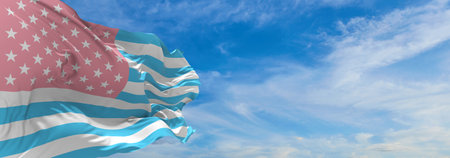 flag of Reverse Trans, United States waving in the wind at cloudy sky. Freedom and love concept....