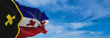 flag of freedom from Dream&#39;s  at cloudy sky background on sunset, panoramic view. copy space for wide banner. 3d illustrationの写真素材