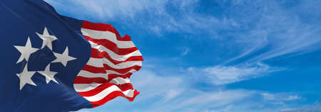 flag of Pentagon  at cloudy sky background on sunset, panoramic view. copy space for wide banner. 3d illustrationの写真素材