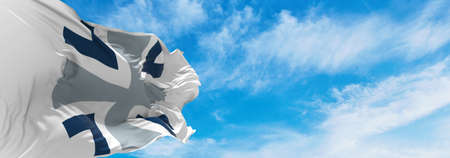 flag of Bundeswehr Kreuz, Federal Defence Forces of Germany at cloudy sky background on sunset, panoramic view. Federal Republic of Germany. copy space for wide banner. 3d illustrationの写真素材