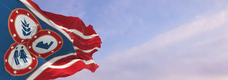flag of county Hancock, Ohio , USA at cloudy sky background on sunset, panoramic view, Patriotic concept about Hancock, Ohio and copy space for wide banner. 3d illustrationの写真素材