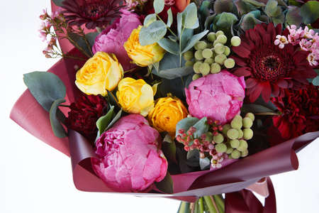 a wedding bouquet  isolated on white. Fresh, lush bouquet of colorful flowersの写真素材