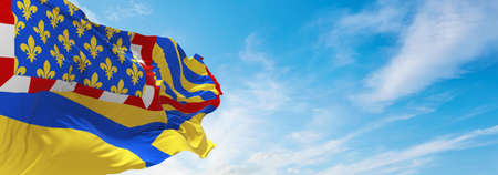 flag of department of Yonne, France at cloudy sky background on sunset, panoramic view. French travel and patriot concept. copy space for wide banner. 3d illustrationの写真素材