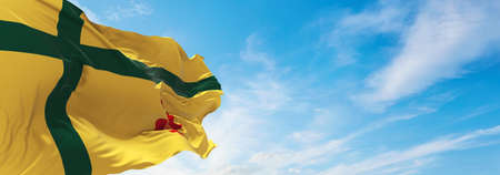 flag of Fransaskois, France at cloudy sky background on sunset, panoramic view. French travel and patriot concept. copy space for wide banner. 3d illustrationの写真素材