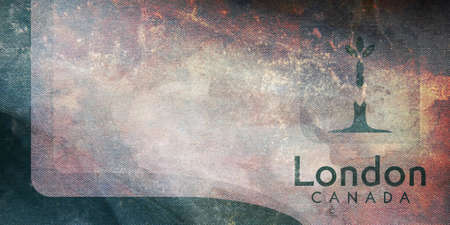 Top view of retro flag of London, Ontario, Canada with grunge texture. Canadian patriot and travel concept. no flagpole. Plane design, layout. Flag backgroundの写真素材