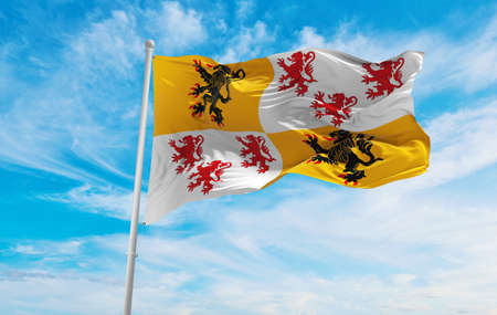 flag of Hauts de France, France at cloudy sky background on sunset, panoramic view. French travel and patriot concept. copy space for wide banner. 3d illustrationの写真素材