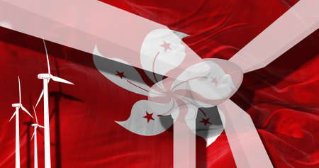 Wind turbines on background of Hong Kong flag. sustainable development, renewable energy, national alternative energy environment concept. 3d illustration.の写真素材