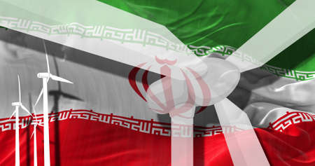 Wind turbines on background of Iran flag. sustainable development, renewable energy, national alternative energy environment concept. 3d illustration.の写真素材