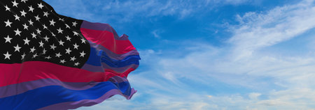 flag of BiAmerica waving in the wind at cloudy sky. Freedom and love concept. Pride month. activism, community and freedom Concept. Copy space. 3d illustrationの写真素材