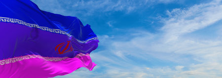 flag of Bisexual Pride, Iran waving in the wind at cloudy sky. Freedom and love concept. Pride...