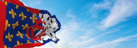 flag of Pays de la Loire, France at cloudy sky background on sunset, panoramic view. French travel and patriot concept. copy space for wide banner. 3d illustrationの写真素材