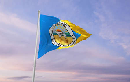 flag of county Scioto, Ohio , USA at cloudy sky background on sunset, panoramic view, Patriotic concept about Scioto, Ohio and copy space for wide banner. 3d illustrationの写真素材