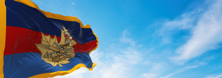 flag of Camp of the Cadet Instructors Cadre , Canada at cloudy sky background on sunset, panoramic view. Canadian travel and patriot concept. copy space for wide banner. 3d illustrationの写真素材