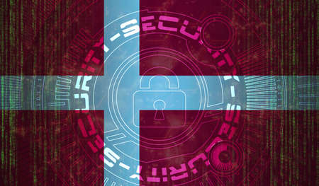 National cyber Security of denmark on digital background  Data protection. Safety systems concept. Lock symbol on dark flag backgroundの写真素材