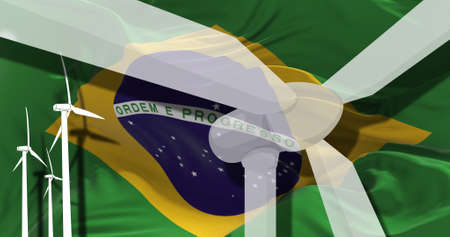 Wind turbines on background of Brazil flag. sustainable development, renewable energy, national...
