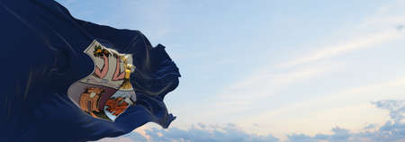 flag of Belem , Brazil at cloudy sky background on sunset, panoramic view. Brazilian travel and patriot concept. copy space for wide banner. 3d illustrationの写真素材