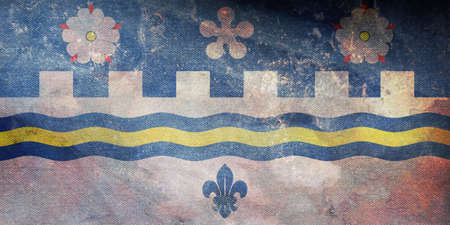 Top view of retro flag of Coquitlam British Columbia, Canada with grunge texture. Canadian patriot and travel concept. no flagpole. Plane design, layout. Flag backgroundの写真素材