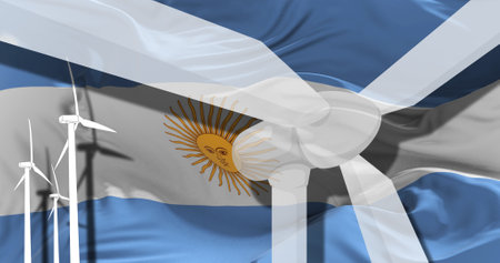Wind turbines on background of Argentina flag. sustainable development, renewable energy, national...