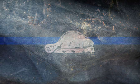 Top view of blue line flag of Oregon state, Usa. United states of America police flag. retro flag with grunge texture. no flagpole. Plane layout, design. Flag backgroundの写真素材