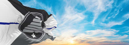 blue line flag of Commemorative Utah state, Usa at cloudy sky background on sunset, panoramic view. United states of America police flag. copy space for wide banner. 3d illustrationの写真素材