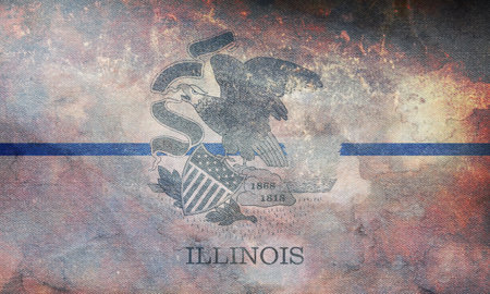 Top view of blue line flag of Illinois state, Usa. United states of America police flag. retro flag with grunge texture. no flagpole. Plane layout, design. Flag backgroundの写真素材