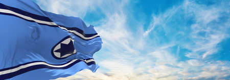 flag of Air Force Ensign , Israel at cloudy sky background on sunset, panoramic view. Israeli travel and patriot concept. copy space for wide banner. 3d illustrationの写真素材