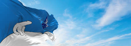 flag of FrancoTenois, France at cloudy sky background on sunset, panoramic view. French travel and patriot concept. copy space for wide banner. 3d illustrationの写真素材