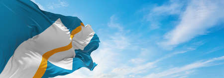 flag of   Franco Yukonnais, France at cloudy sky background on sunset, panoramic view. French travel and patriot concept. copy space for wide banner. 3d illustrationの写真素材