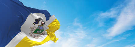 flag of Winnipeg fair , Canada at cloudy sky background on sunset, panoramic view. Canadian travel and patriot concept. copy space for wide banner. 3d illustrationの写真素材