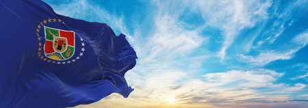 flag of Luhansk region , Ukraine at cloudy sky background on sunset, panoramic view. Ukrainian travel and patriot concept. copy space for wide banner. 3d illustrationの写真素材