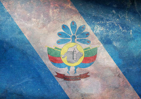 Top view of retro flag vila pavao, Brazil with grunge texture. Brazilian patriot and travel concept. no flagpole. Plane design, layout. Flag backgroundの写真素材