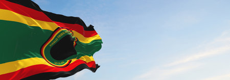 flag of Afro-Chilean tribal people , Chile at cloudy sky background on sunset, panoramic view. Chilean travel and patriot concept. copy space for wide banner. 3d illustrationの写真素材