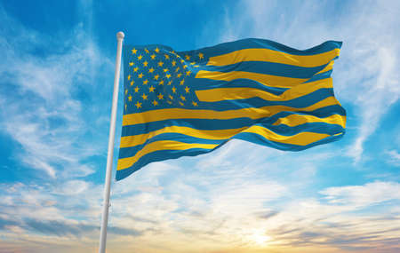 flags of USA in colors of Ukrainian flag waving in sky. panoramic view. Concept of Solidarity with...