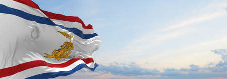 flag of Onderscheidingsvlag Minister van Defensie , Netherlands at cloudy sky background on sunset, panoramic view. Dutch travel and patriot concept. copy space for wide banner. 3d illustrationの写真素材