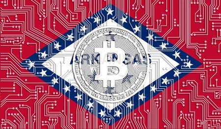 flag of Arkansas state of USA and bitcoin, Integrated Circuit Board pattern. Bitcoin Stock Growth. Blockchain Technology and Conceptual image for investors in cryptocurrency in United statesの写真素材