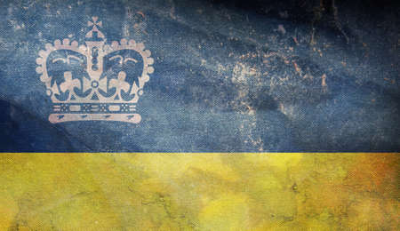 Top view of retro flag of Regina, Canada with grunge texture. Canadian patriot and travel concept....
