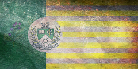 Top view of retro flag of Saskatoon, Canada with grunge texture. Canadian patriot and travel concept. no flagpole. Plane design, layout. Flag backgroundの写真素材