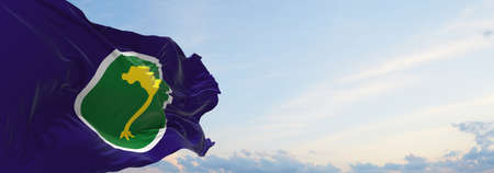 flag of Sao Carlos , Brazil at cloudy sky background on sunset, panoramic view. Brazilian travel and patriot concept. copy space for wide banner. 3d illustrationの写真素材