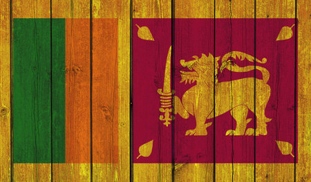 Top view of Old Painted Flag of Sri Lanka on Dark Wooden Fence, wall. patriot and travel concept. no flagpole. Plane design, layout. Flag backgroundの写真素材