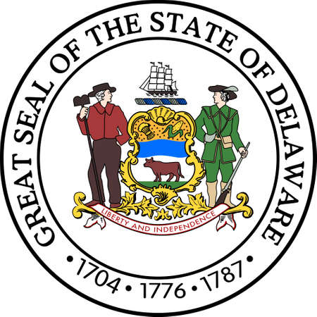 Top view of Great Seal of US Federal State of Delaware. United States of America patriot and travel concept. Plane layout, designの写真素材