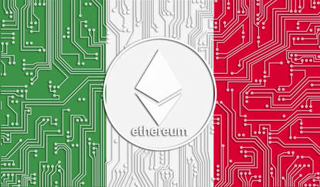 flag of Italy and ethereum coin, Integrated Circuit Board pattern. Ethereum Stock Growth. Conceptual...