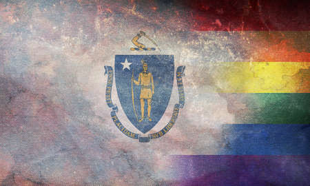 Top view of state lgbt retro flag of Massachusetts, USA with grunge texture. no flagpole. Plane design, layout. Flag background. Freedom and love concept. Pride month. activismの写真素材