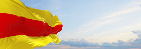 flag of Zuid-Holland 1948 , Netherlands at cloudy sky background on sunset, panoramic view. Dutch travel and patriot concept. copy space for wide banner. 3d illustrationの写真素材