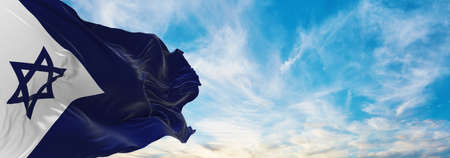 flag of Naval Ensign , Israel at cloudy sky background on sunset, panoramic view. Israeli travel and patriot concept. copy space for wide banner. 3d illustrationの写真素材