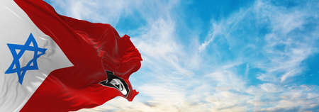 flag of IDF Southern Command , Israel at cloudy sky background on sunset, panoramic view. Israeli travel and patriot concept. copy space for wide banner. 3d illustrationの写真素材