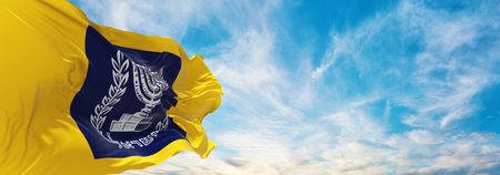 flag of Presidential Standard at sea , Israel at cloudy sky background on sunset, panoramic view. Israeli travel and patriot concept. copy space for wide banner. 3d illustrationの写真素材