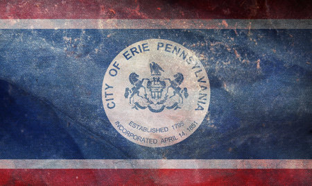 Top view of retro flag of Erie, Pennsylvania, untied states of America with grunge texture. USA patriot and travel concept. no flagpole. Plane design, layout. Flag backgroundの写真素材
