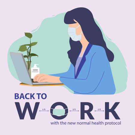 A woman wearing medical mask, back to work with the new normal health protocol poster illustration.のイラスト素材