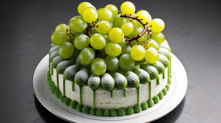 Grape cake with white cream and fresh green grapes on the topの素材