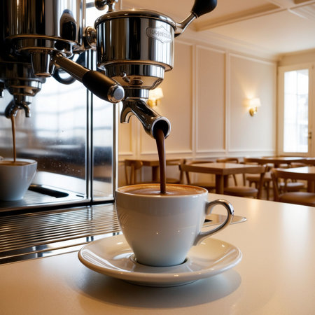 Coffee Espresso Machine and Coffee Cup on Table in Coffee Shopの素材